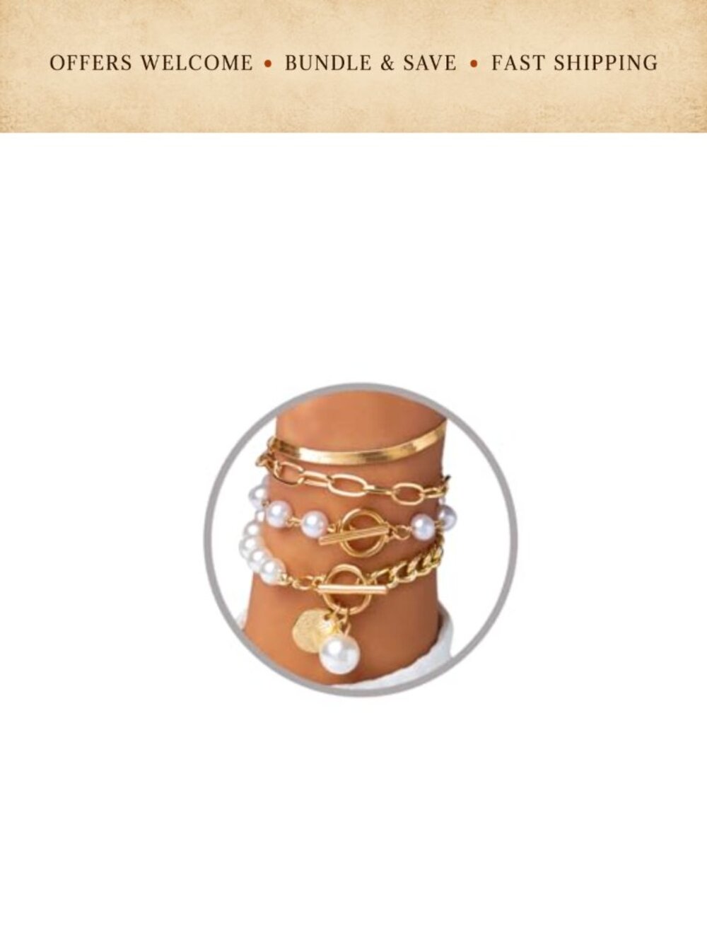 Chunky Gold Tone Stackable Bracelet Set Pearl Coin Snake Chain Women Jewelry